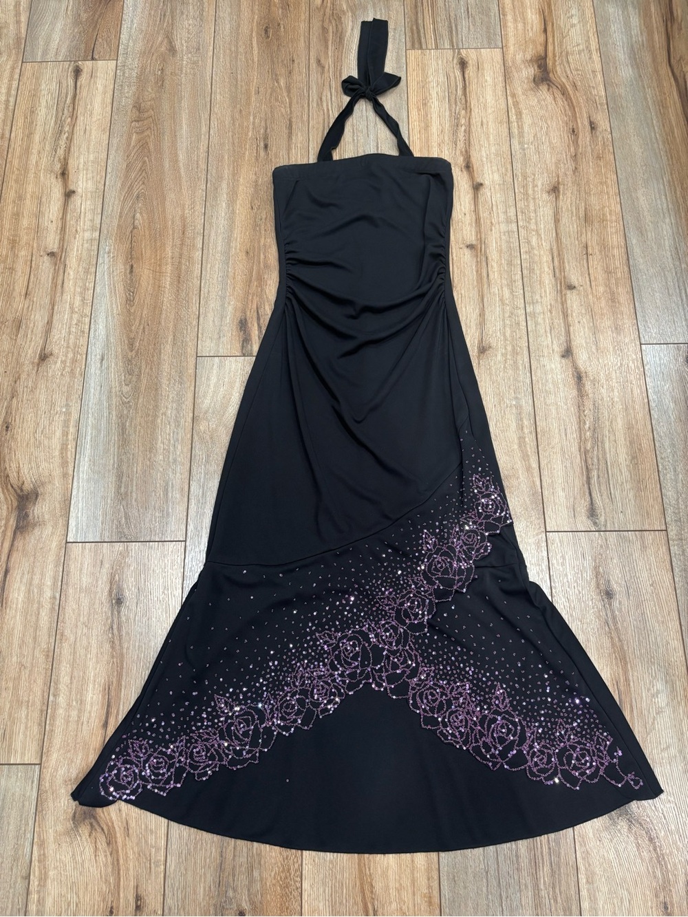 Vintage Y2K Sequin Beaded Rose Dress Black & Purple Halter Tie Neck by Trixxi